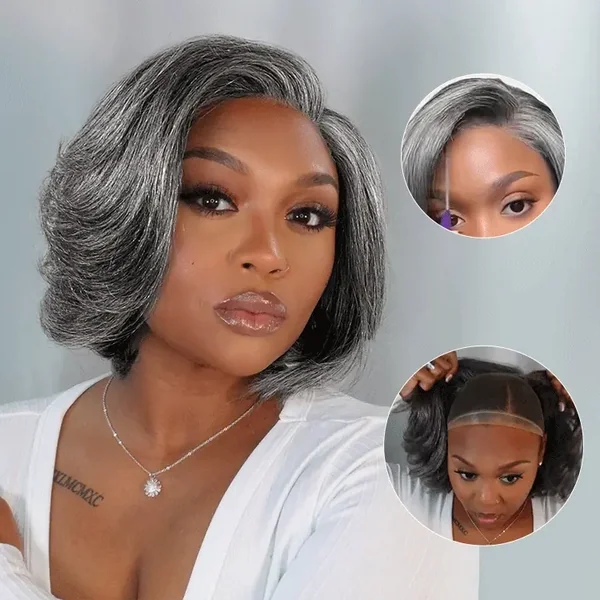 Boss Vibe Salt & Pepper Layered Bob / Body Wave Glueless Pre-Cut Minimalist Lace Grey Wig