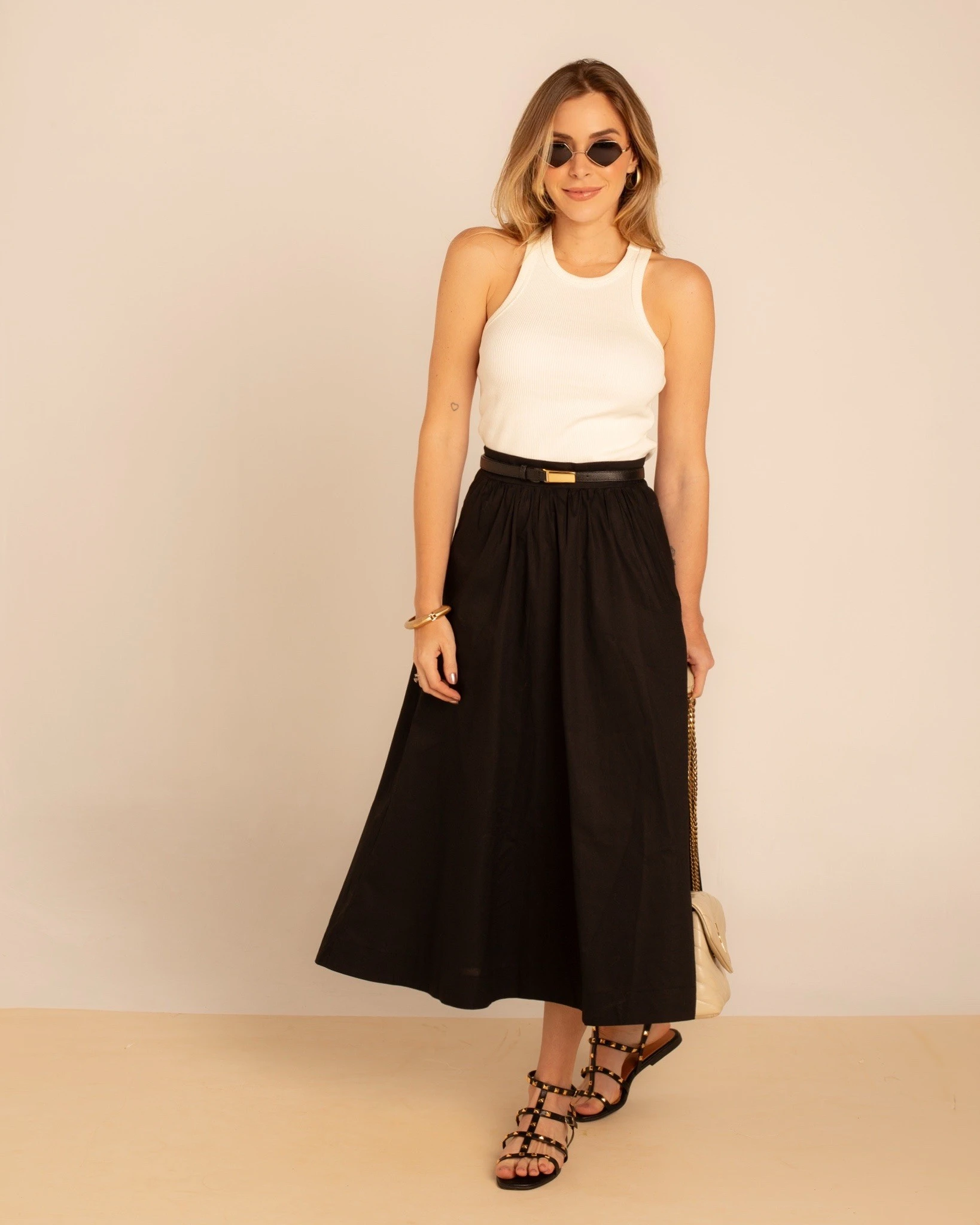 Saia Midi tricoline Evasê Preto