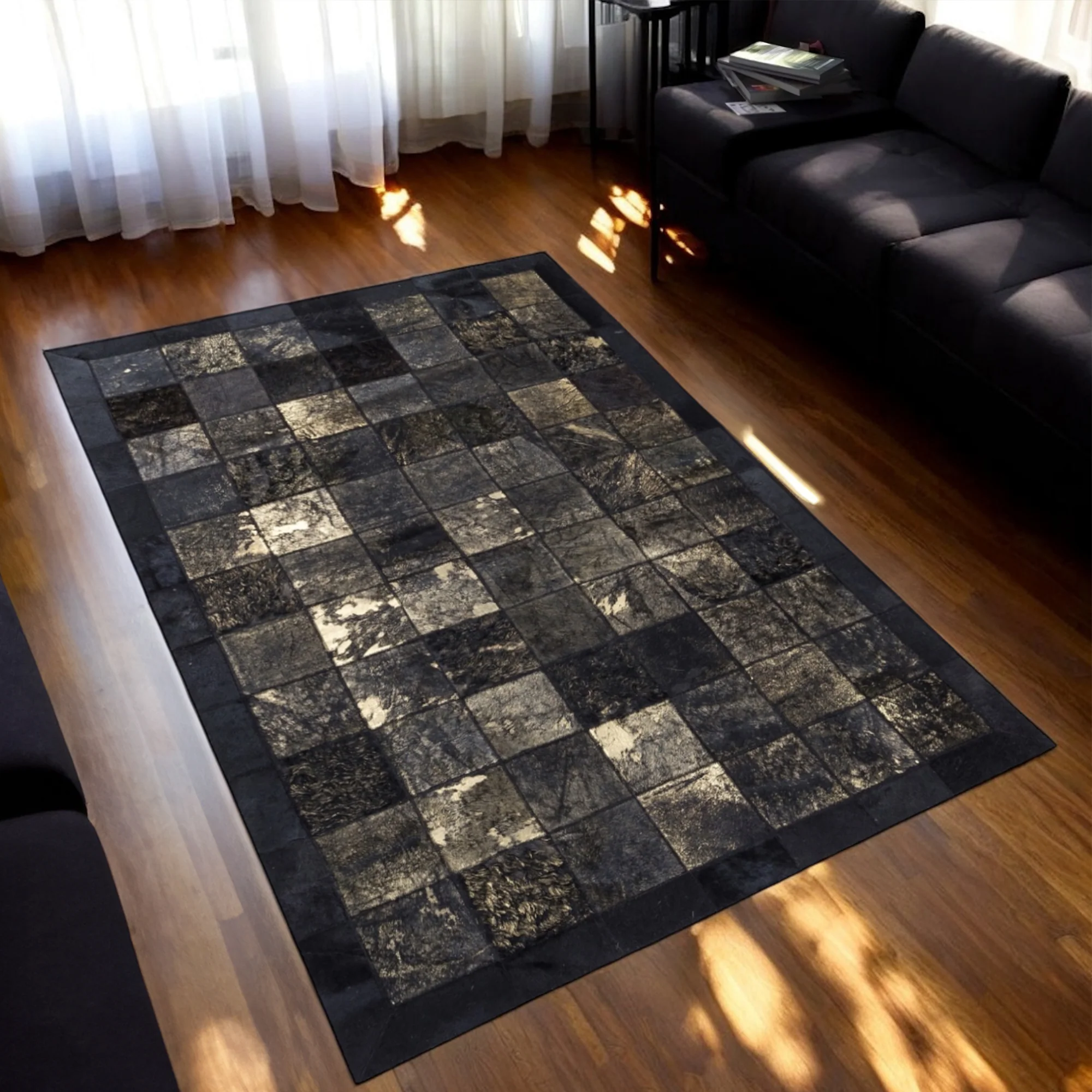 Beige Detailed Black Cowhide Patchwork Rug