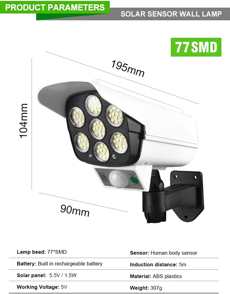 Deals -Cámara falsa con luz de panel solar foco de 77 LED con sensor de movimiento