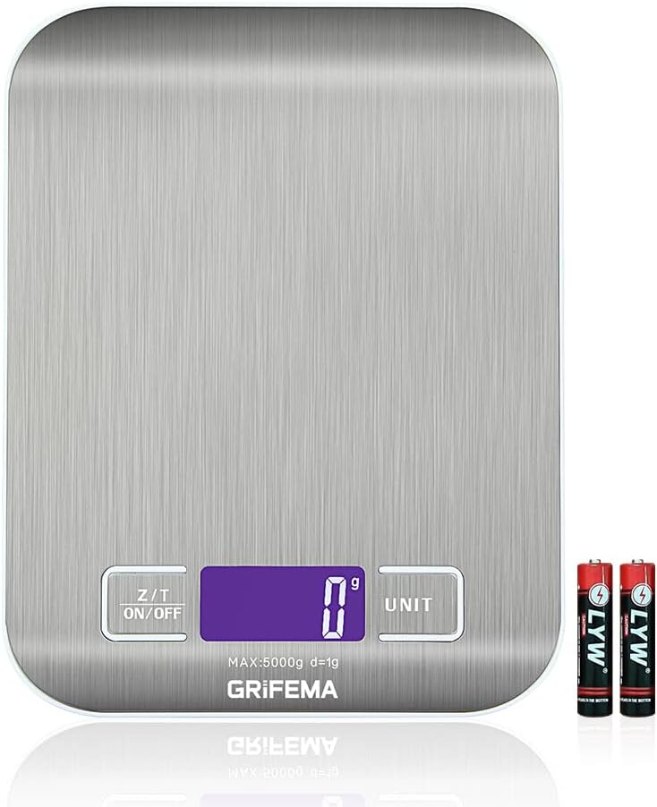 GRIFEMA - GA2002, Báscula de Cocina con Pantalla LCD, Acero Inoxidable, Balanza de Alimentos Multifuncional 5 kg/11 lbs, Azul [Exclusivo en Amazon]