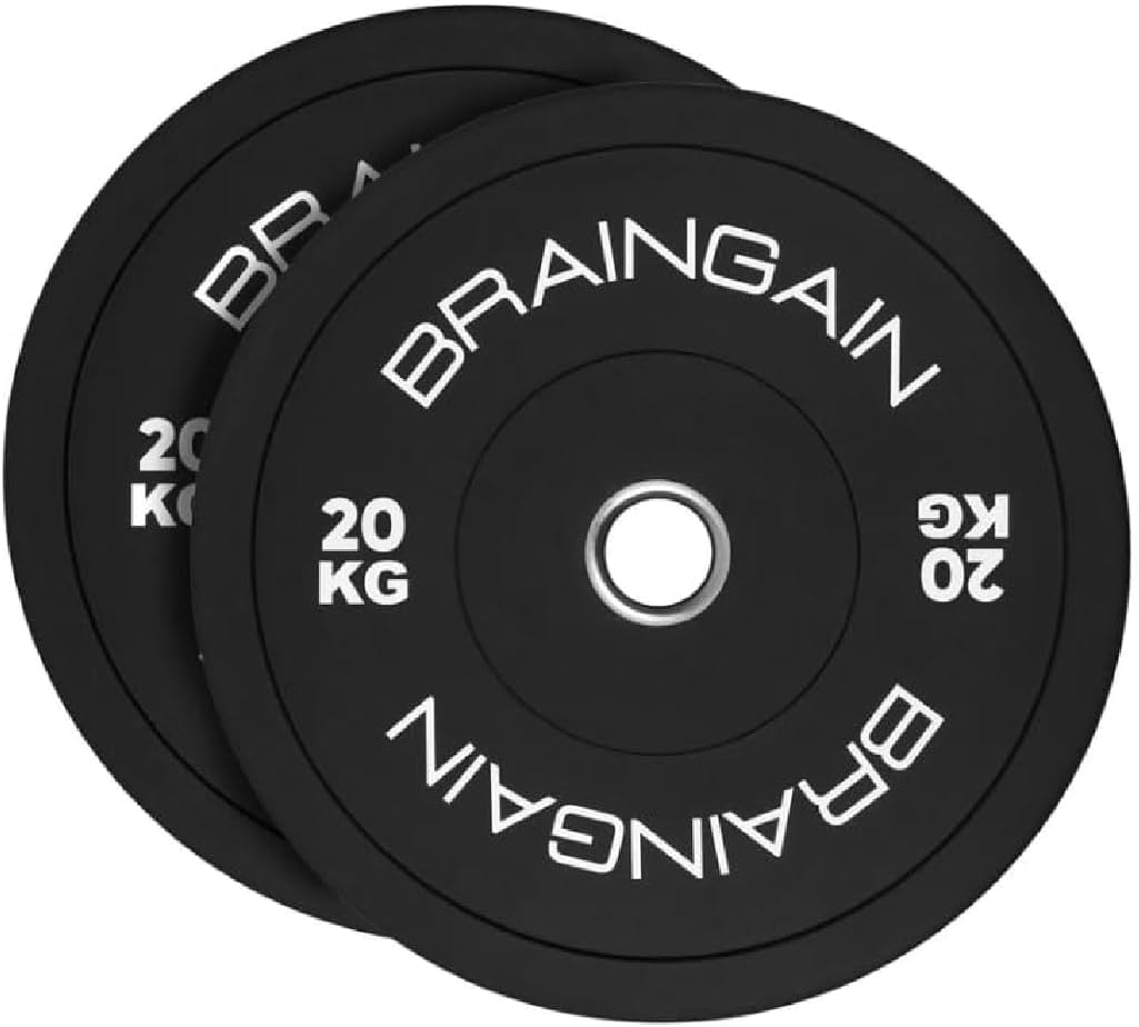 BRAINGAIN Olympic Bumper Plates - Różne Rozmiary, Kolor/Czarny - Talerze Wagi 2" do Treningu Siłowego z Sztangą i Podnoszenia Ciężarów - 1.5kg 2.5kg 5kg 10kg 15kg 20kg 25kg 100kg 150kg Pary/Zestaw