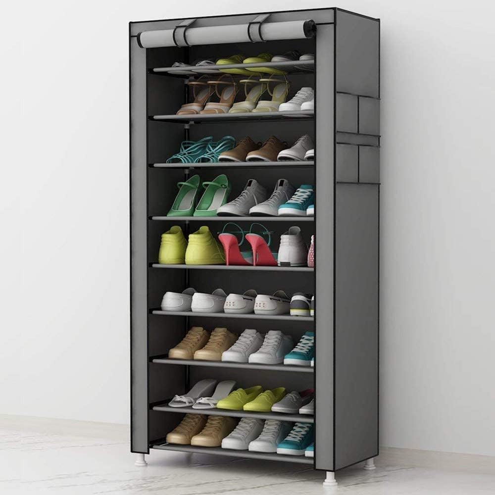 Deals Zapatero para ahorrar espacio, 10 estantes, 60 x 30 x 160 cm, hasta 27 pares de zapatos, estructura de acero y revestimiento de tela gris