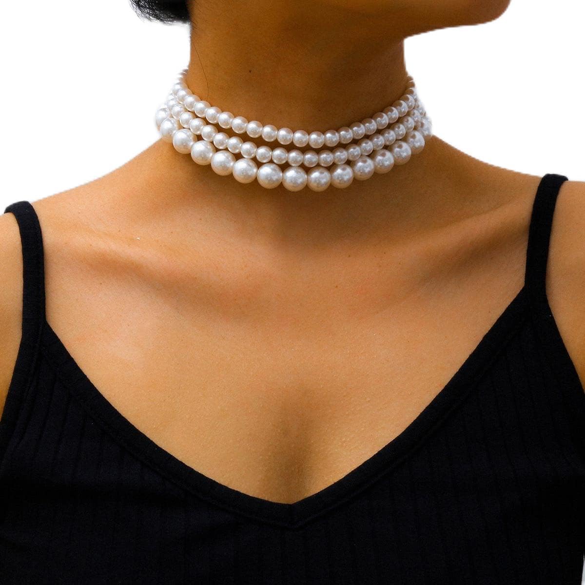 Clataly Women's Pearl Necklace Bracelets Vintage Round Multilayer Imitation Pearl Choker Necklaces Brides Jewelry (Collier de perles A)