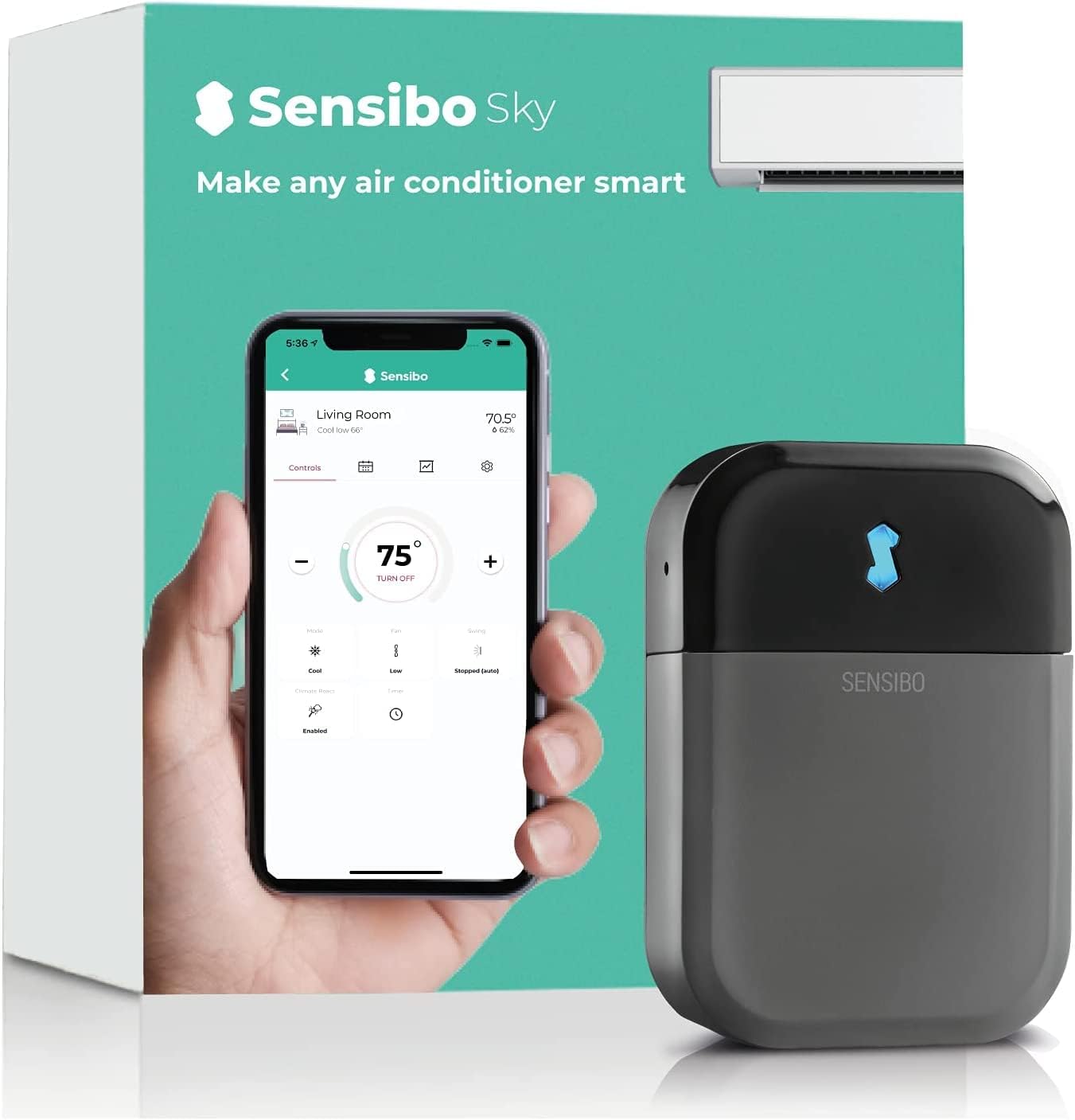 Sensibo Sky - Controlador WiFi inteligente de aire acondicionado. Mantiene la comodidad con energía eficiente. Instalación fácil y rápida. Termostato automático compatible con Google, Alexa, Siri.