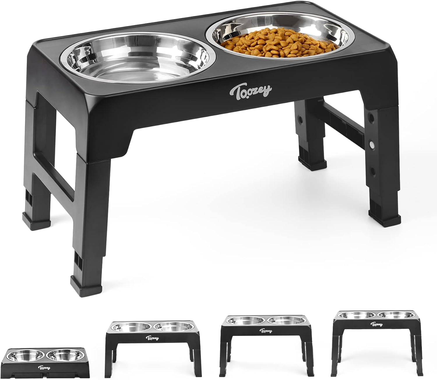 Dog Bowl, Feeding Bowl for Dogs, Height Adjustable, with 2 Stainless Steel Bowls of 1200 ml, Raised Dog Bowl for Medium and Large Dogs, 4 Height Adjustable Feedings, Black