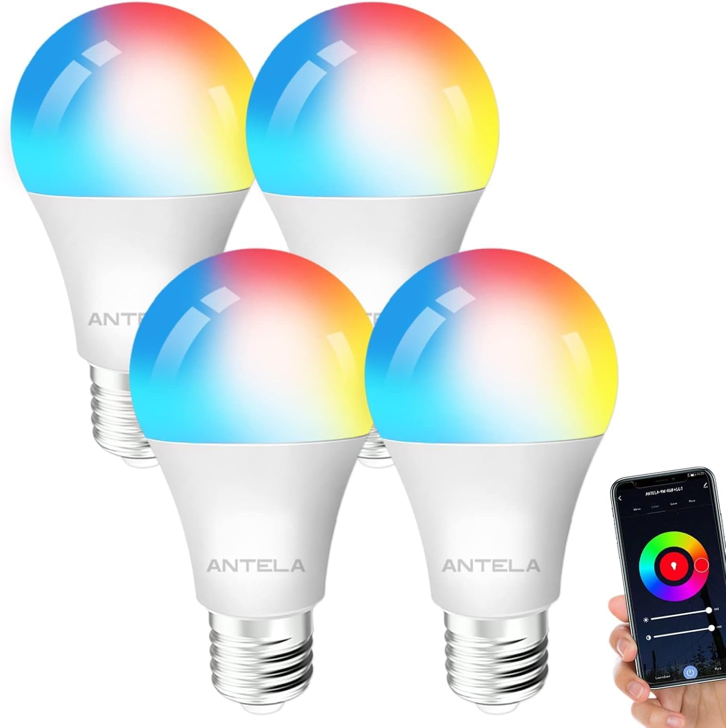 ANTELA Ampoule Connectée Wifi E27 LED Multicouleurs RGB + CCT 2700K-6500K, Compatible Avec Alexa/Google Home, Ampoule Intelligente Pas Besoin de Hub, 4 PCS