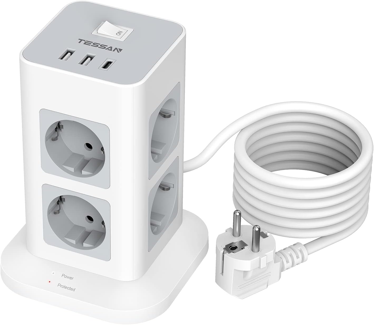 TESSAN Regleta Enchufes Multiple Proteccion Sobretension, Torre Enchufes Vertical 8 Tomas con 1 USB C, Alargador 2M, Regleta USB con Interruptor para Casa, Oficina, 3600W, Gris