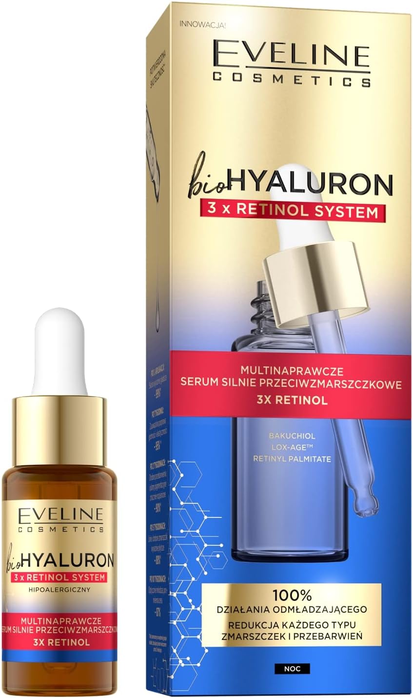 EVELINE COSMETICS Biohyaluron 3x Retinol System Multi Regenerujące Serum do Twarzy Anti Aging Redukuje Zmarszczki Formuła Wegańska 97% Naturalny Skład na Noc 18ml