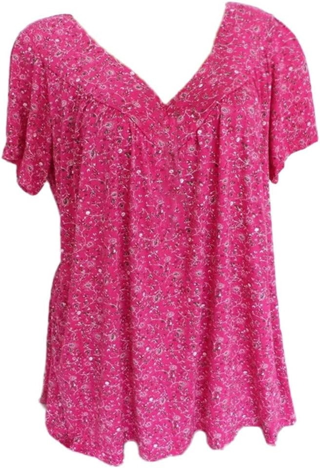 Camisetas de verano de gran tamaño para mujer, con estampado floral, plisadas, cuello en V, camisetas de manga corta para mujer, talla grande, para vacaciones, uso diario, camiseta con patrón de