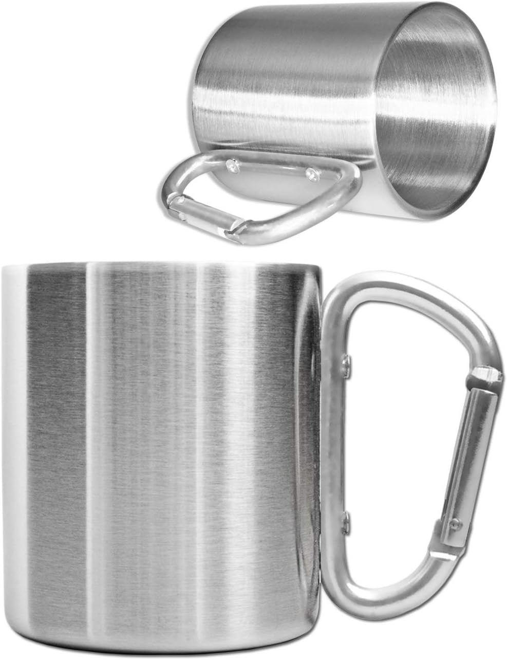 Outdoor Saxx® - Taza de camping, taza de exterior de metal, con asa atornillada en forma de mosquetón, acero inoxidable, senderismo, excursionismo, trabajo, 250 ml, plata (plata)