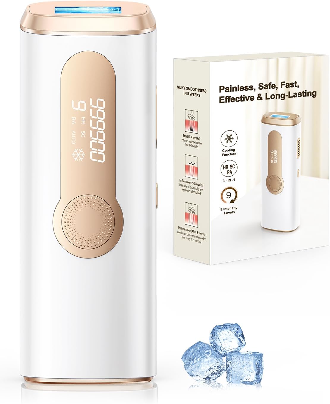 IPL-laser epilator met koeling, innovatieve 3-in-1 functie, 9 energieniveaus, 999,900 flitsen, pijnloze epilator voor het hele lichaam