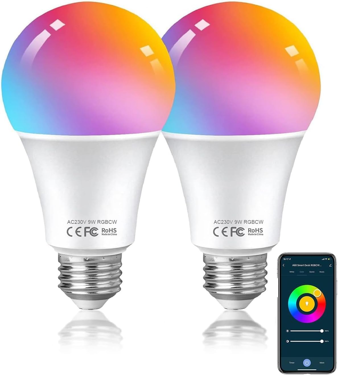 HUTAKUZE Żarówka Alexa E27 Smart LED, 9 W, 806 lm, Wi-Fi, wielokolorowa, ściemniana, sterowanie za pomocą aplikacji, kompatybilne z Alexa Echo, Google Home, nie wymaga koncentratora, ciepła biel /