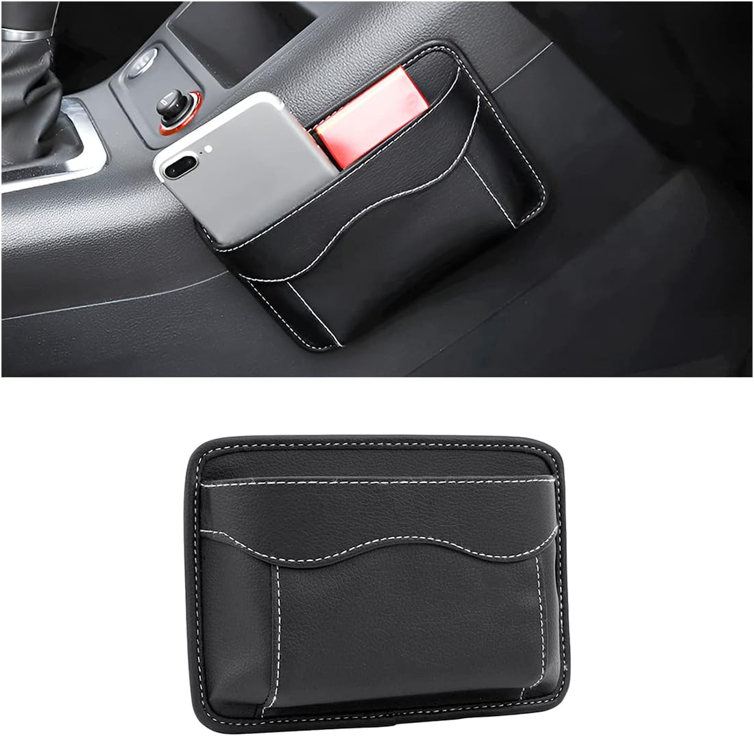 Zijorganizer voor autostoel, mini-organizer van leer, zijvak voor het opbergen van documenten, mappen, telefoon, sleutels, munten (zwart)