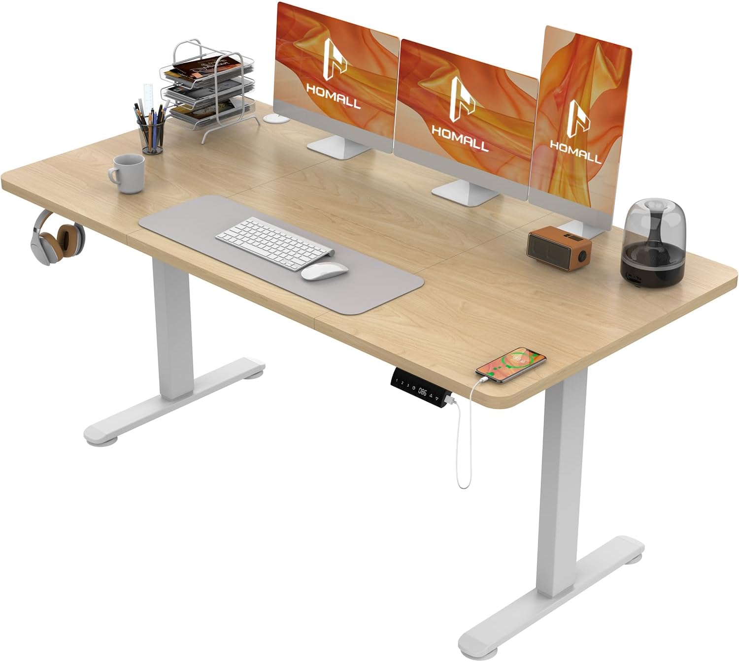 Homall In Hoogte Verstelbaar Elektrisch Bureau, 140x70 cm, Staand Bureau met Vierdelig Tafelblad, Computerbureau met geheugenfunctie, Beige + Wit