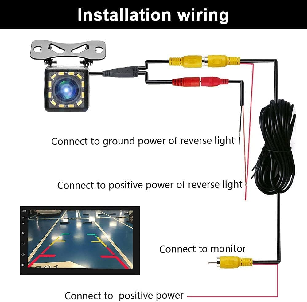 CAMECHO Cámaras de Marcha atrás para Coches con súper visión Nocturna IP68 Cámara de visión Trasera de automóvil a Prueba de Agua 170 ° Gran Angular 12 Cámaras de Respaldo de visión Nocturna LED