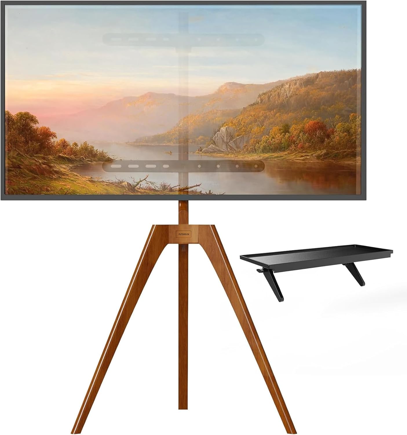 PUTORSEN Premium trästaffli TV-stativ, justerbart TV-stativ för 45–65 tum LED LCD-skärm, svängbar TV-golvstativ med TV-hylla och magnetisk dold kabelhantering, max belastning 39,9 kg, valnöt
