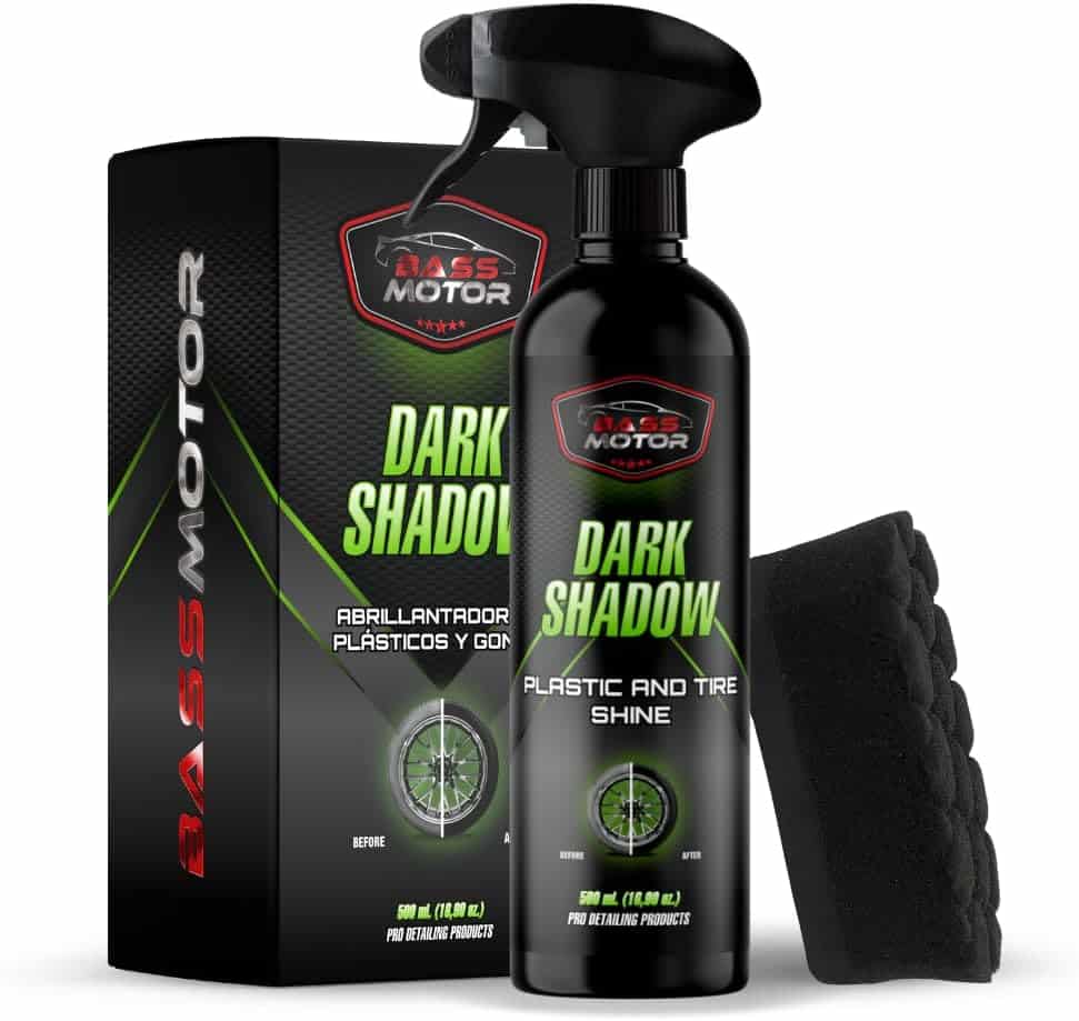 BassMotor Abrillantador de Plástico y Neumáticos Coche Moto Restaurador Gomas Viejas Recupera Brillo Interior y Exterior para Abrillantado en Casa - Dark Shadow 500ml + Esponja Premium