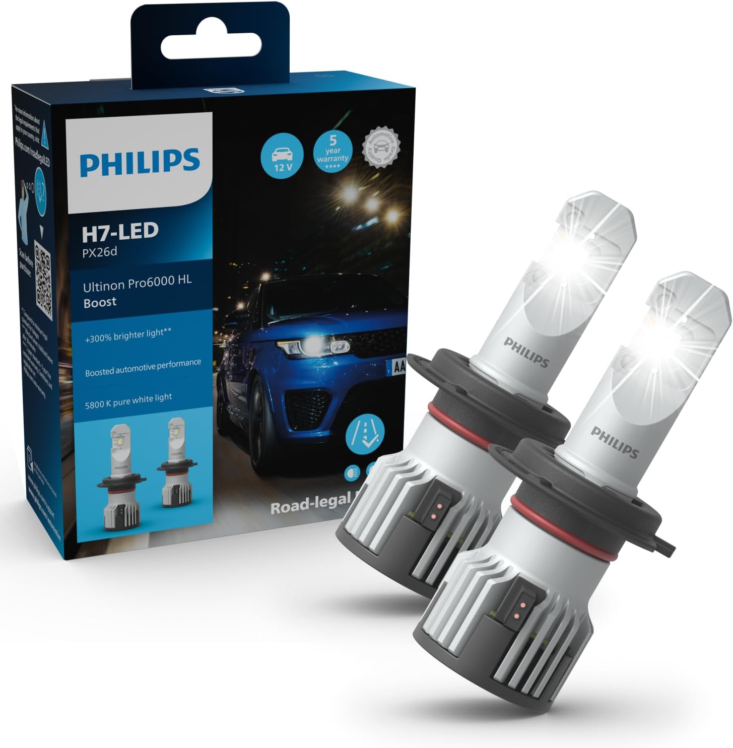 Philips Ultinon Pro6000 Boost H7 LED Headlight Bulb with Road Legal*, 300% Brighter Light