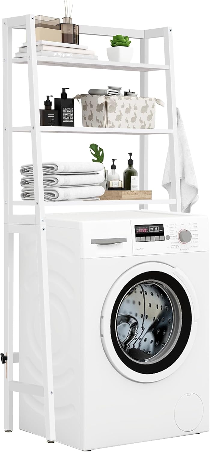 MallKing Mensola portaoggetti per bagno, 3 Livelli Sopra Scaffale per lavatrice, organizzatore di spazio per il bagno, autoportante sopra la toilette con porta carta igienica e ganci (bianco)