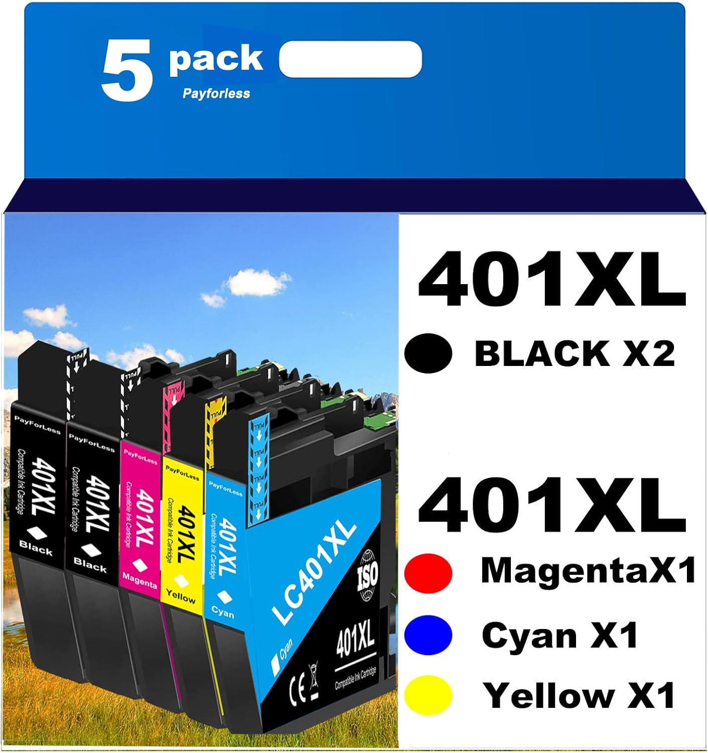 LC401XL Ink Cartridges for Brother Printer Compatible for LC401 Ink Cartridges for MFC-J1010DW MFC-J1012DW MFC-J1170DW Printer 5 Pack (2 Black, 1 Cyan, 1 Magenta, 1 Yellow)