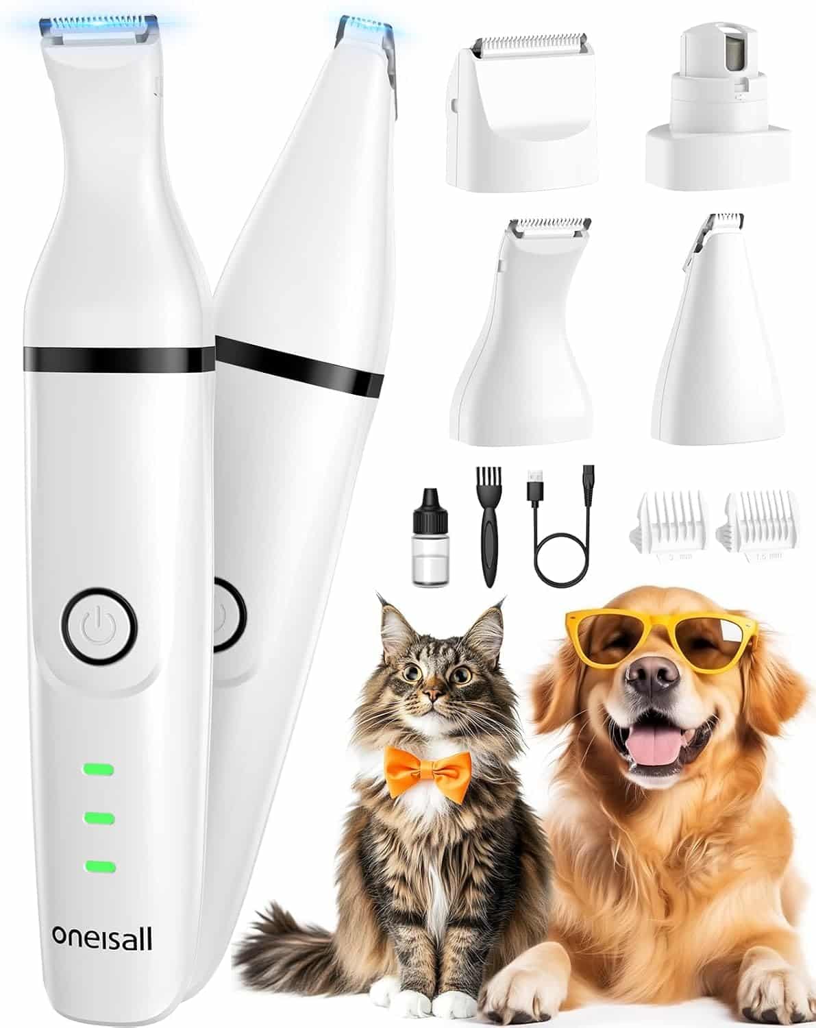 oneisall Tosatrice silenzioso per cani e gatti 4 in 1 completo, tagliacapelli ricaricabile per cani, taglia zampe e affila artigli con 4 testine multiuso per la depilazione di tutto il corpo (Bianco)