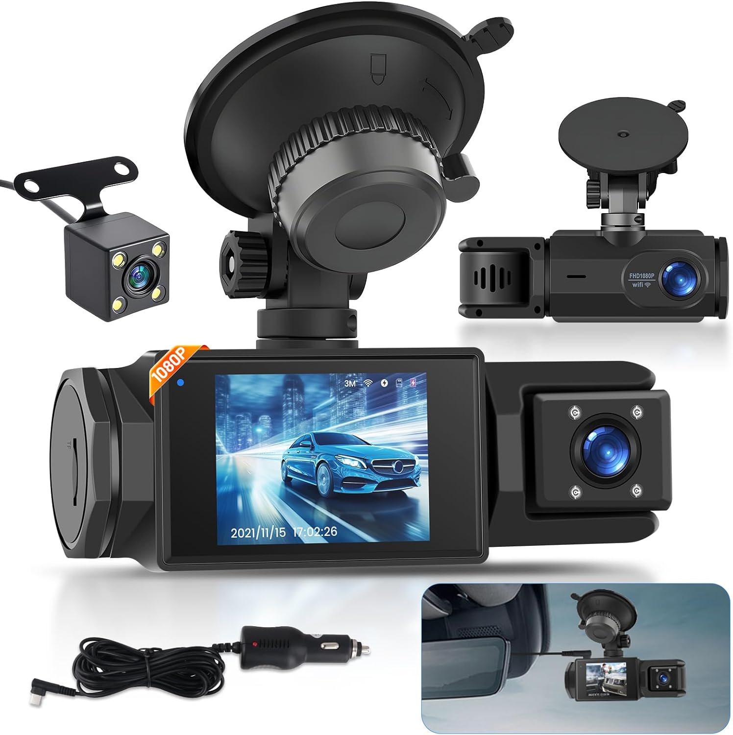 1080P WiFi Dash Cam, 3 Canali Dash Cam Anteriore e Posteriore all'interno, Full HD 2,0 Pollici Schermo IPS Dash Camera per auto con Registrazione in Loop, Visione Notturna, Rilevamento del Movimento