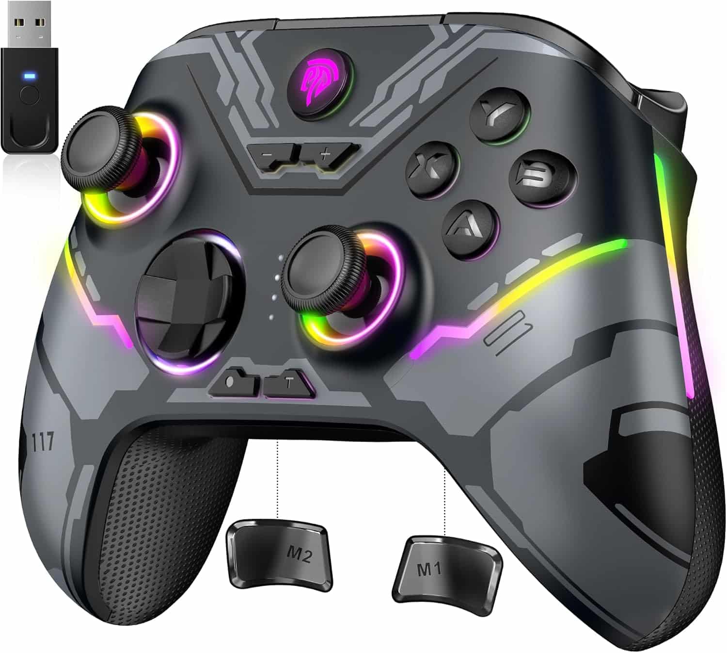 EasySMX X15 Mando PC Inalambrico con RGB Luz- Hall Joystick- Hall Trigger- 1000 mAh Batería Recargable- Turbo para PC/Switch/Móvil/Tableta- Gamepad PC Compatible con Black Myth: Wukong- Gris