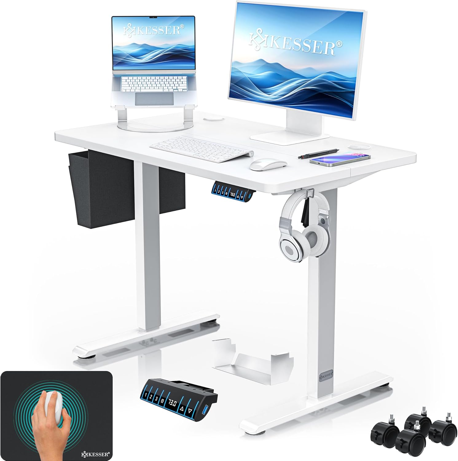 KESSER® Höjdjusterbart elektriskt skrivbord 100 x 60 cm, ergonomiskt höj- och sänkbart skrivbord, 3-funktions-minnesstyrning, inkl. 360° hjul och USB-laddningsport, datorbord för hemmakontor