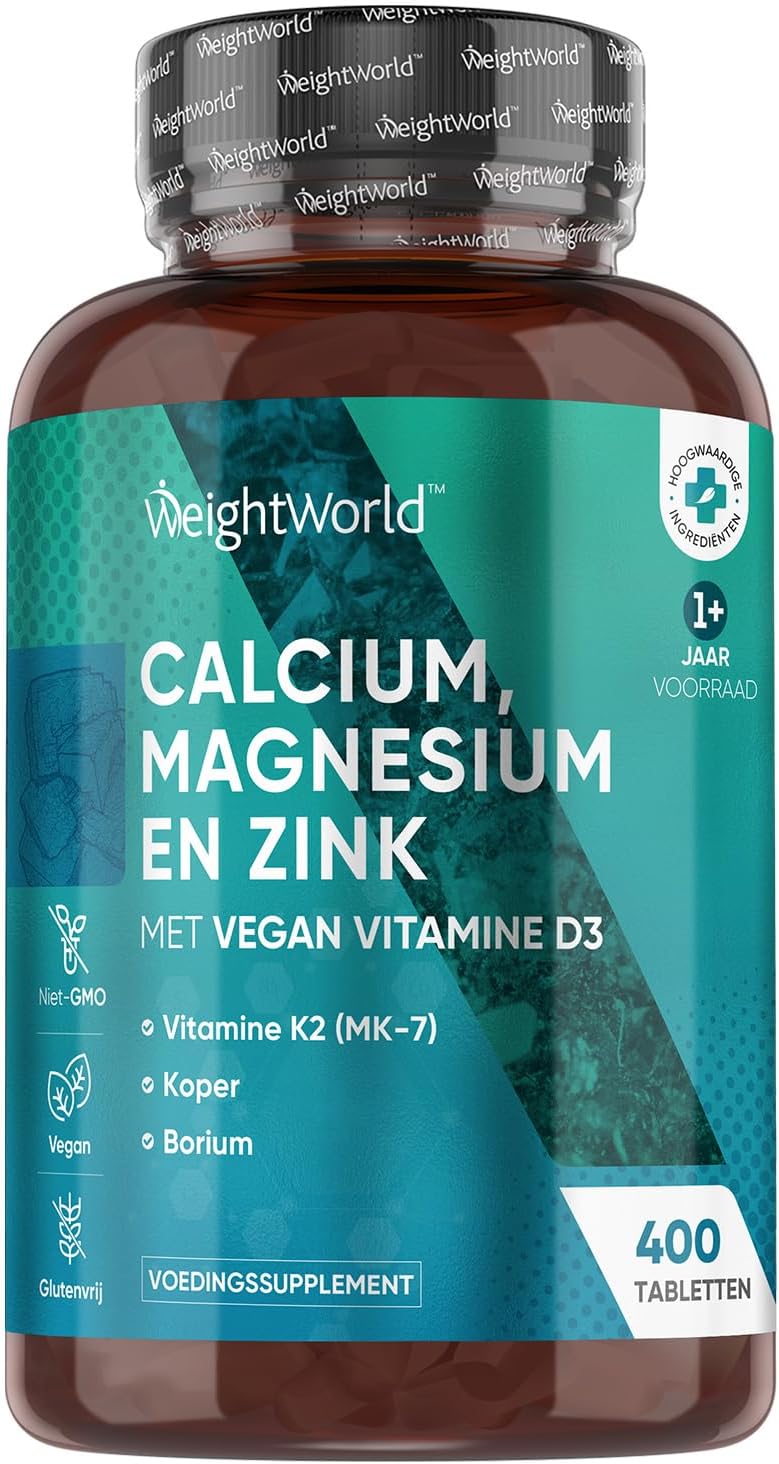 Calcium, Magnesium en Zink tabletten - 400 vegan tabletten voor meer dan 1 jaar - Bevat 9 belangrijke vitamines en mineralen - Vitamine D3, K2, Selenium, Koper - 100% natuurlijk - Van WeightWorld