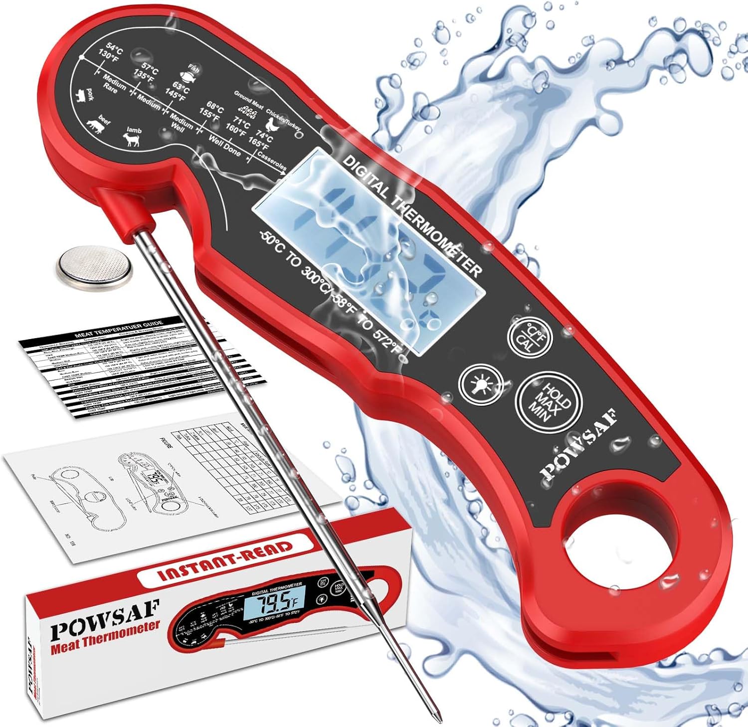 POWSAF Termometro Cucina, Termometro Carne Digitale, Termometro Barbecue a Lettura Istantanea Ultraveloce, Impermeabile IPX6, con Sonda Lunga Pieghevole e Schermo LCD, per Alimenti, BBQ, Forno, Rosso