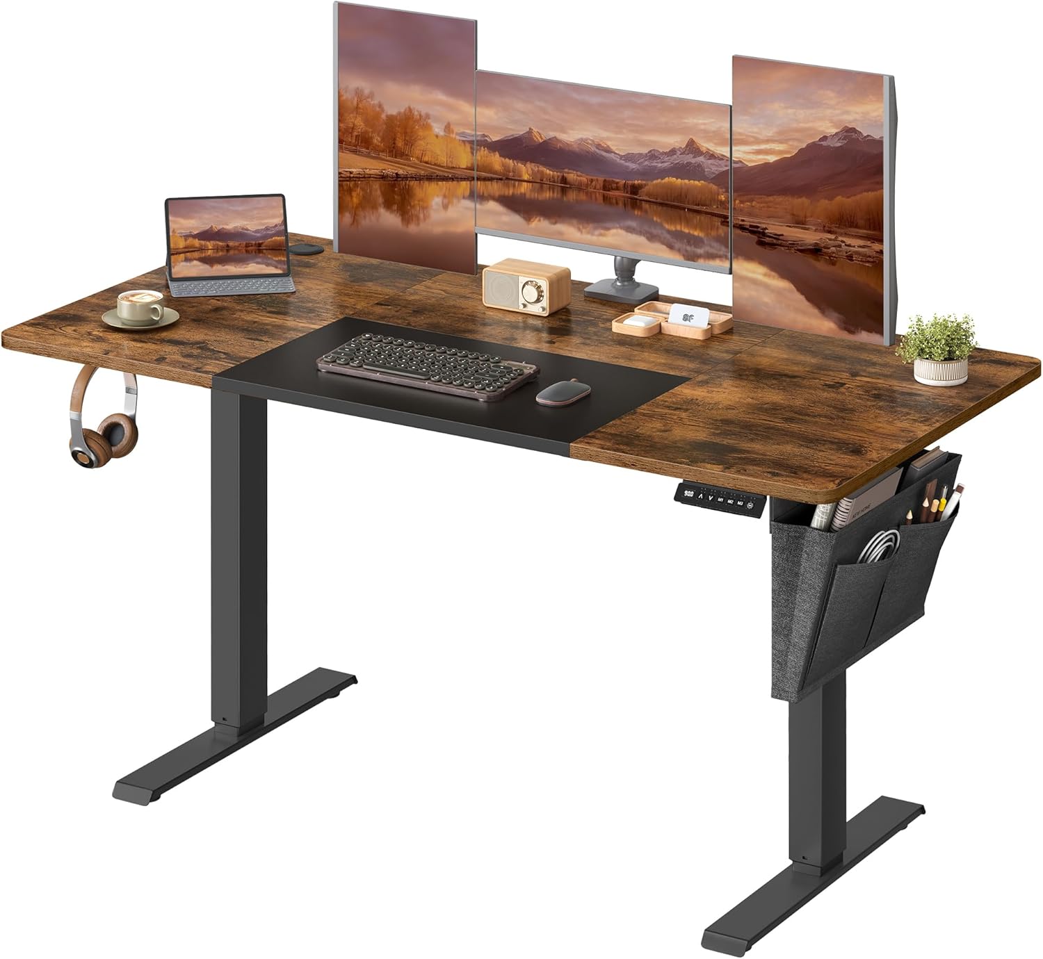 SONGMICS In hoogte verstelbaar bureau elektrisch, 60 x 140 x (72-120) cm, traploos verstelbaar, gesplitste plaat, geheugenfunctie met 4 hoogtes, vintage bruin-basiszwart LSD016X01