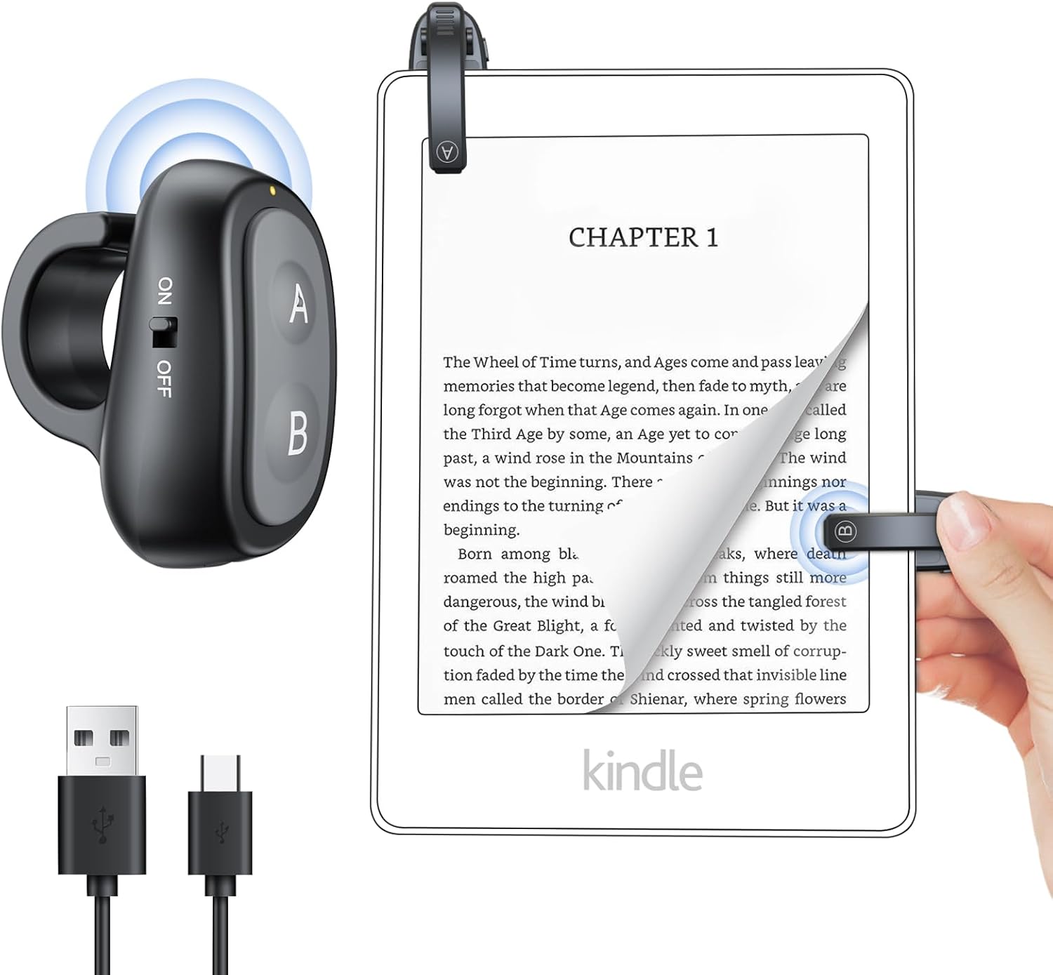 Pilot RF, Kindle Page Turner z ładowaniem USB-C, klips A i B, wskaźnik LED, zabezpieczenie przed odciskami palców, długi czas czuwania dla czytników e-booków — łatwa obsługa jedną ręką