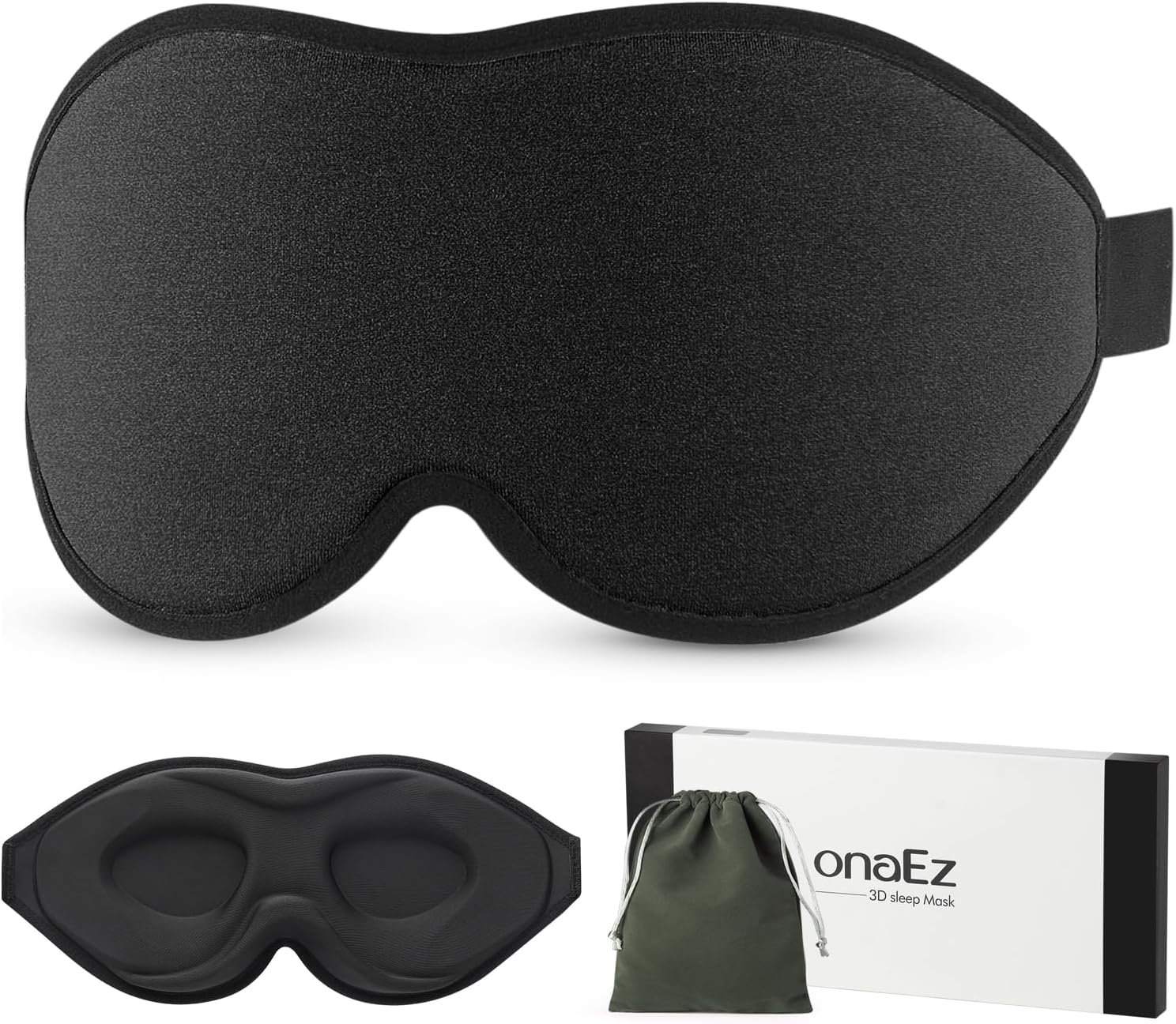 onaEz Maska do spania 3D dla mężczyzn i kobiet, całkowicie blokująca światło, o 12 mm pogłębione oczodoły i podwyższone noski, z lodowego jedwabiu, na podróż, drzemkę, czarna