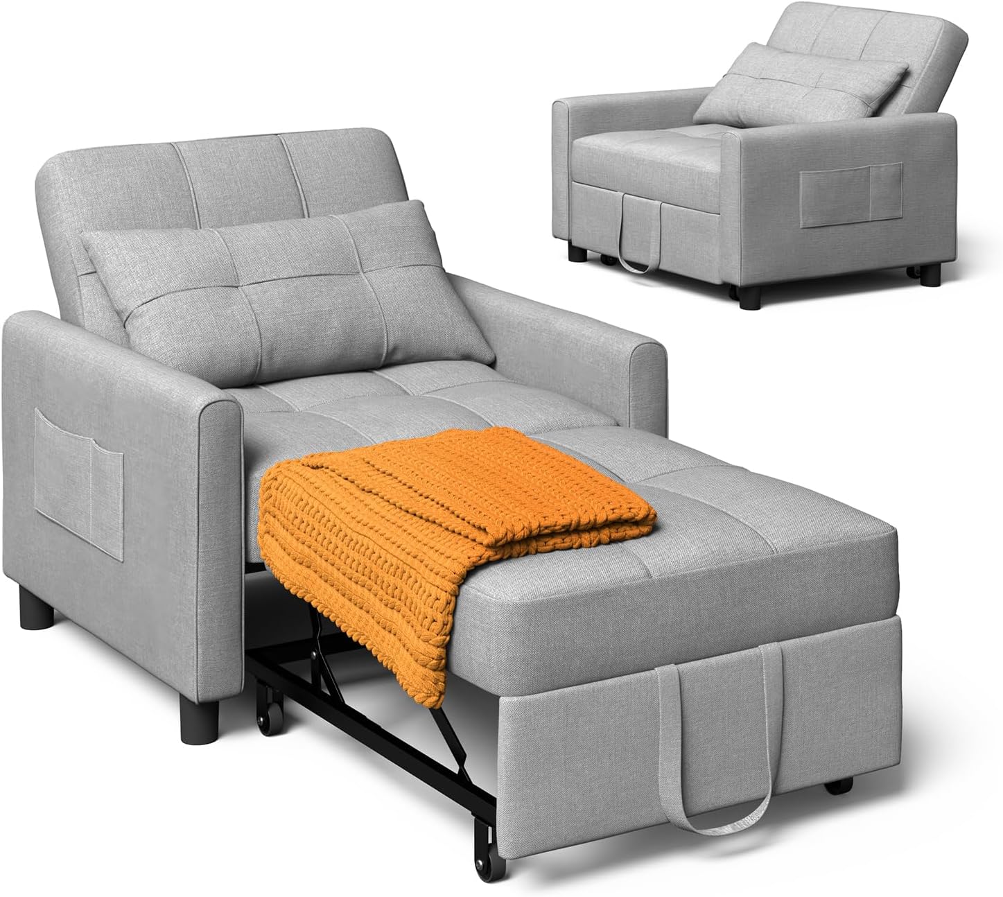 Xbro Fotel do spania 3 w 1, rozkładana sofa z funkcją łóżka, regulowane krzesło do spania z poduszką i kieszenią, wielofunkcyjny fotel do małego mieszkania, akademika, biura (jasnoszary)