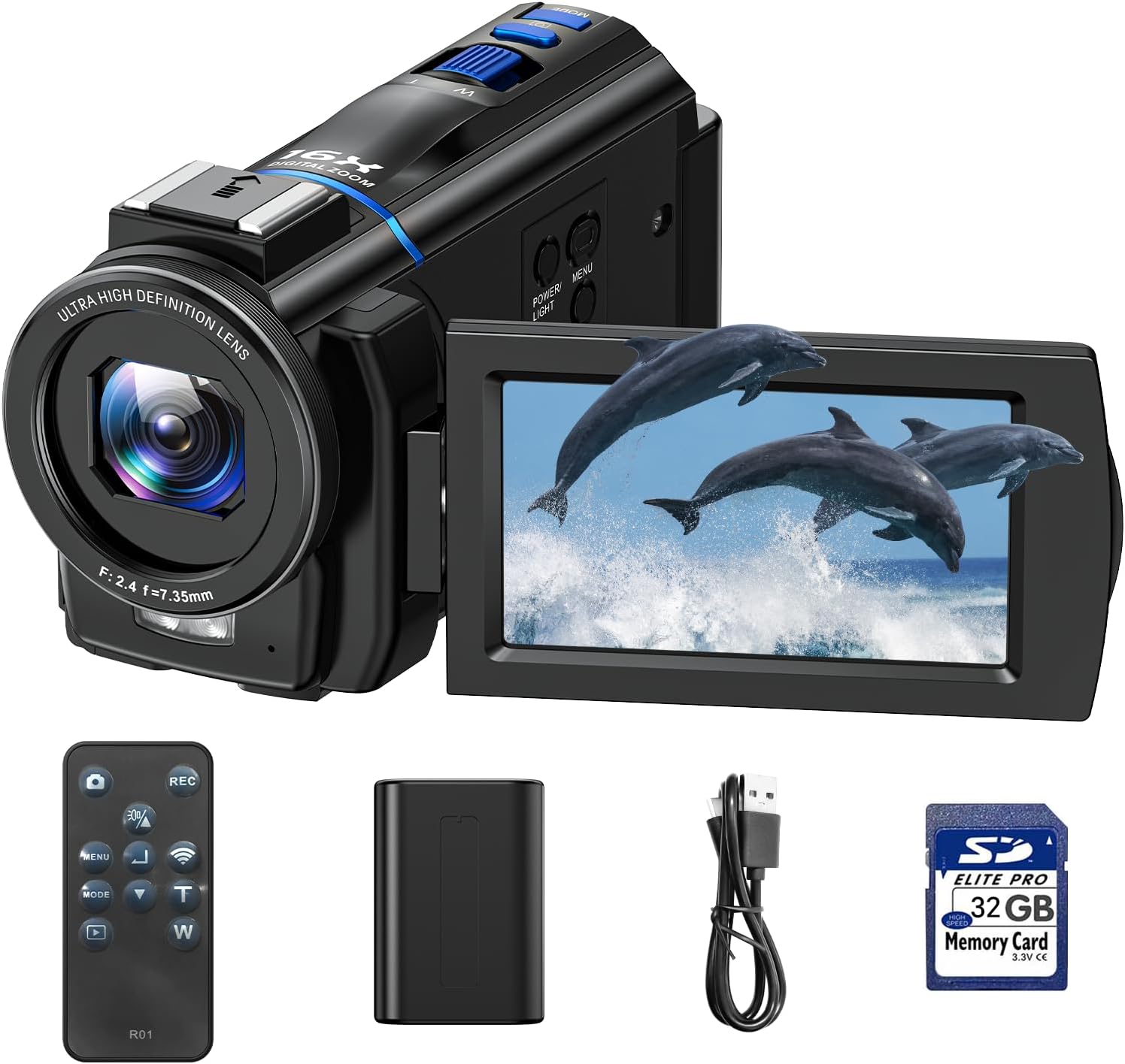 Videokamera 4K 48MP Vlogging Youtube kamera, Night Vision 3" pekskärm 270° Roterbar 16X Digital Zoom Video Camera Camcorder, Vloggkamera med 32GB-kort, Fjärrkontroll, Batteri