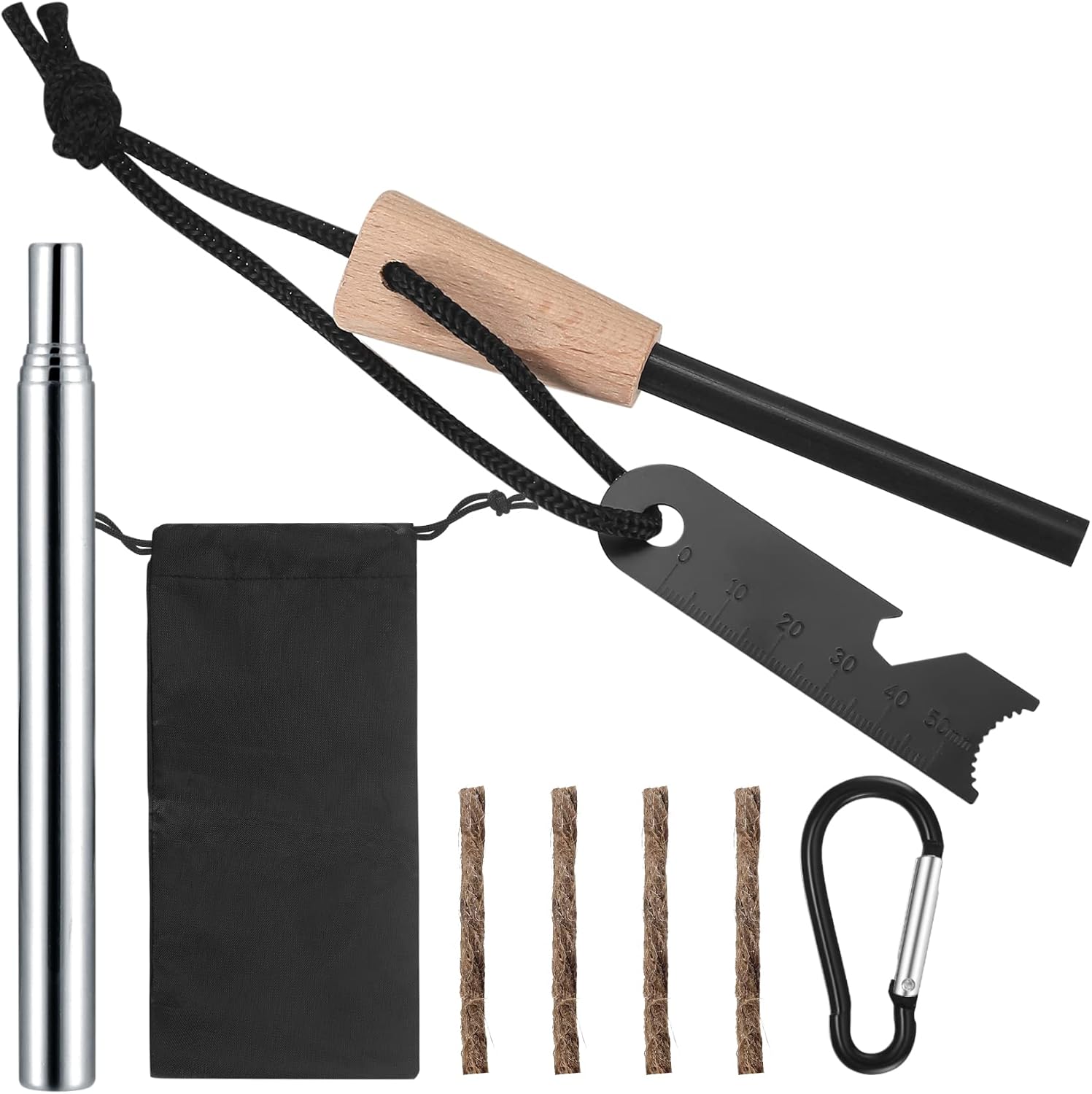Survival vuursteen, outdoor vuurstaal, magnesium vuurstarter, survivalset, ontstekingsstaal, houten handvat, met vuuraanstekerset voor outdoor, bushcraft, kamperen, wandelen, kampvuur