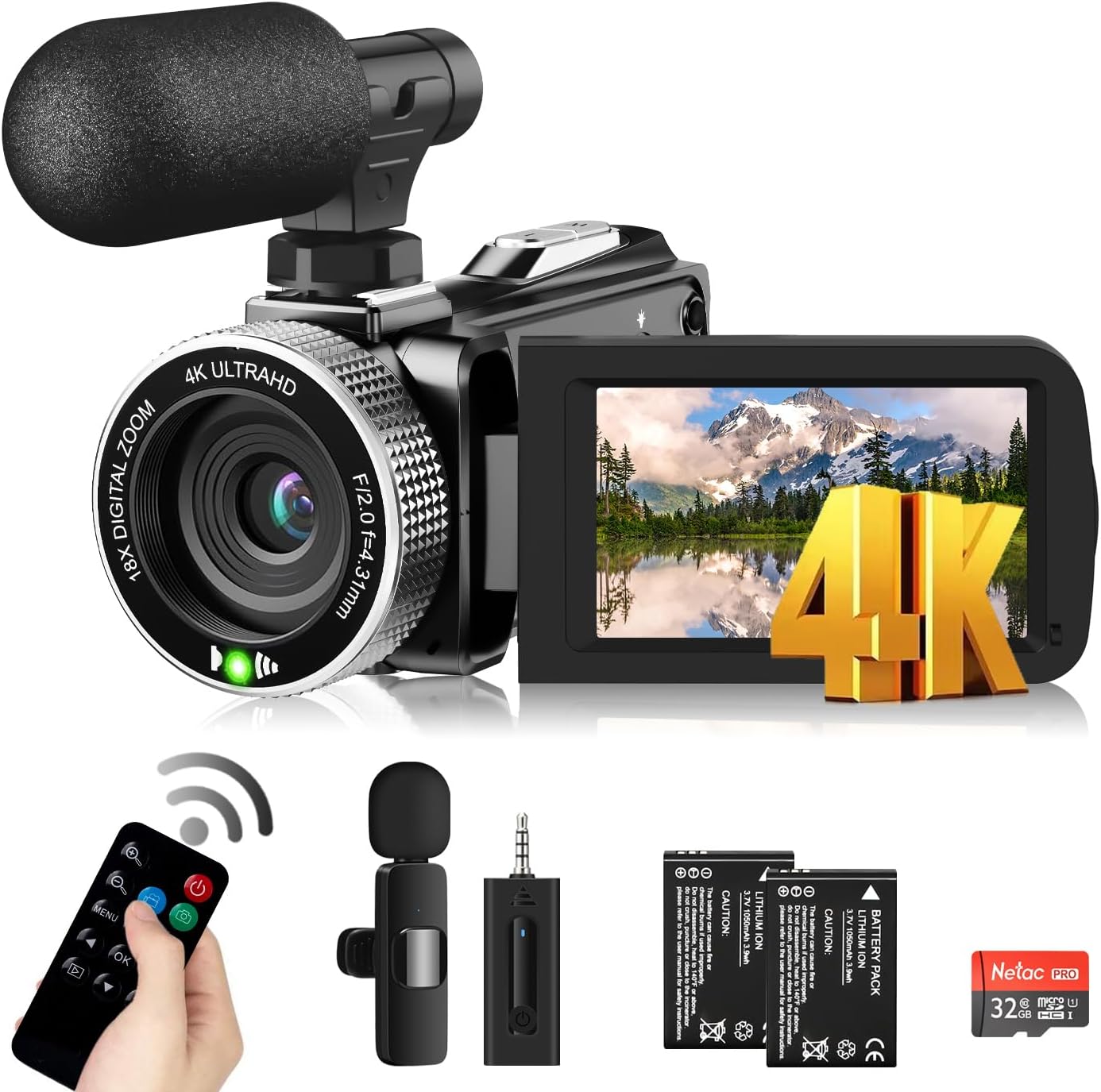 Windancy Cámara de video 4K de 48 MP y 60 FPS para YouTube, FHD1080P, videocámara de video/zoom digital de 18X, 3.0 pulgadas, rotación de 270°, videocámara, con control remoto, 2 baterías/tarjeta SD