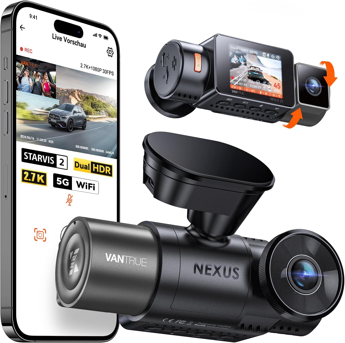 VANTRUE N2X 2.7K+1080P Dashcam Bil Front Interior, STARVIS 2 Dual HDR Night Vision Dash Cam, 2.5K/60FPS Front, GPS, 5GHz WiFi, App & Voice Control, 2″ Bilkamera 24/7 Parkeringsläge, G Sensor, max. 1TB