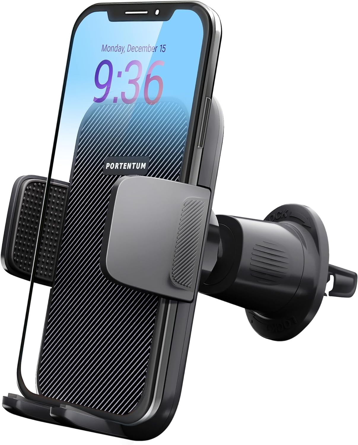 PORTENTUM Biltelefonhållare, luftventil, biltelefonmontering, vagga 360° rotation – uppgraderad krokklämma och en knapps frigöringsfunktion – superstabil biltelefonhållare kompatibel med 4 till 7 tums