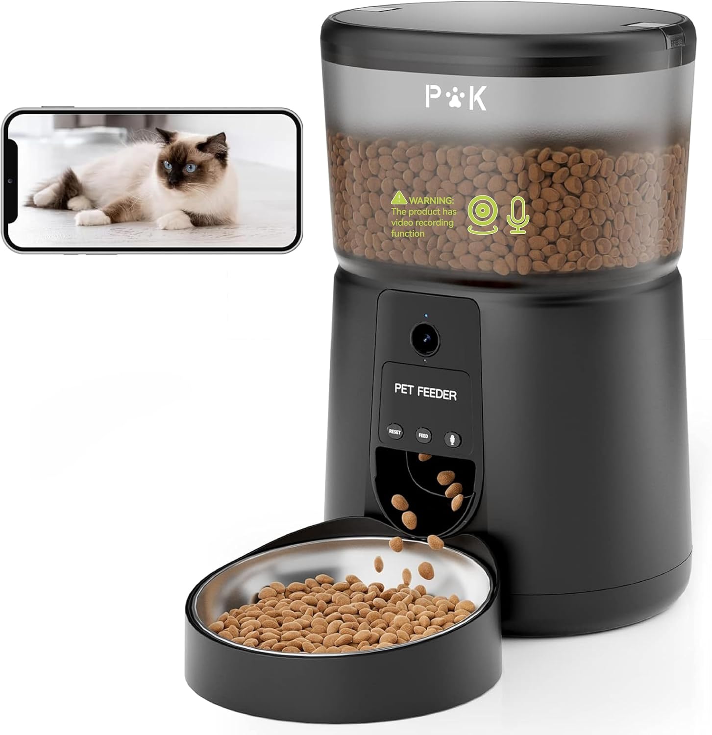 PUPPY KITTY Automatisk kattmatare med HD-kamera, 2.4G Wi-Fi automatisk kattmatare med APP Video Audio Night Vision, kattmat automat med rostfri skål, 1-8 måltider per dag