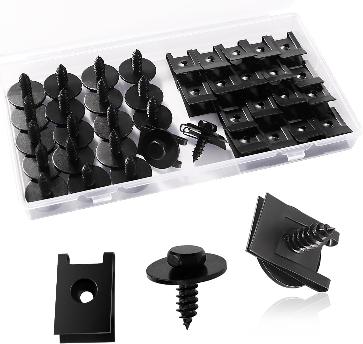 VooGenzek 40 Stuks U-Clips en Shroeven, U-Moeren Schroeven Assortiment, Interieur Trim Bevestigingsmiddelen met RVS Retainer, voor Wielboog Cover Onderbak Fender, Zwart