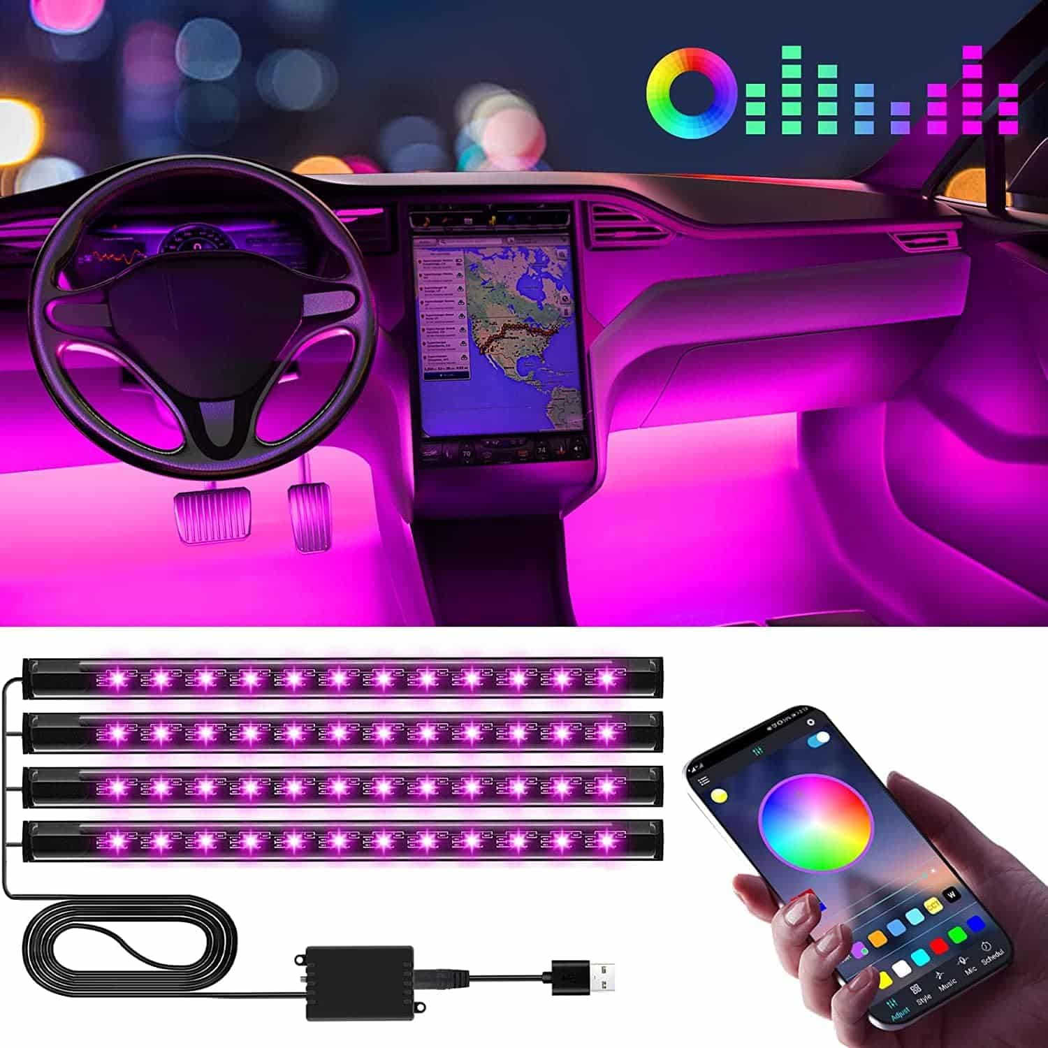Winzwon Led Auto Interni con APP, Accessori Auto, Regalo Festa della Mamma, Uomo, Donna, Compleanno, Strisce Led Auto con Porta USB Controllo APP 1 Pezzi