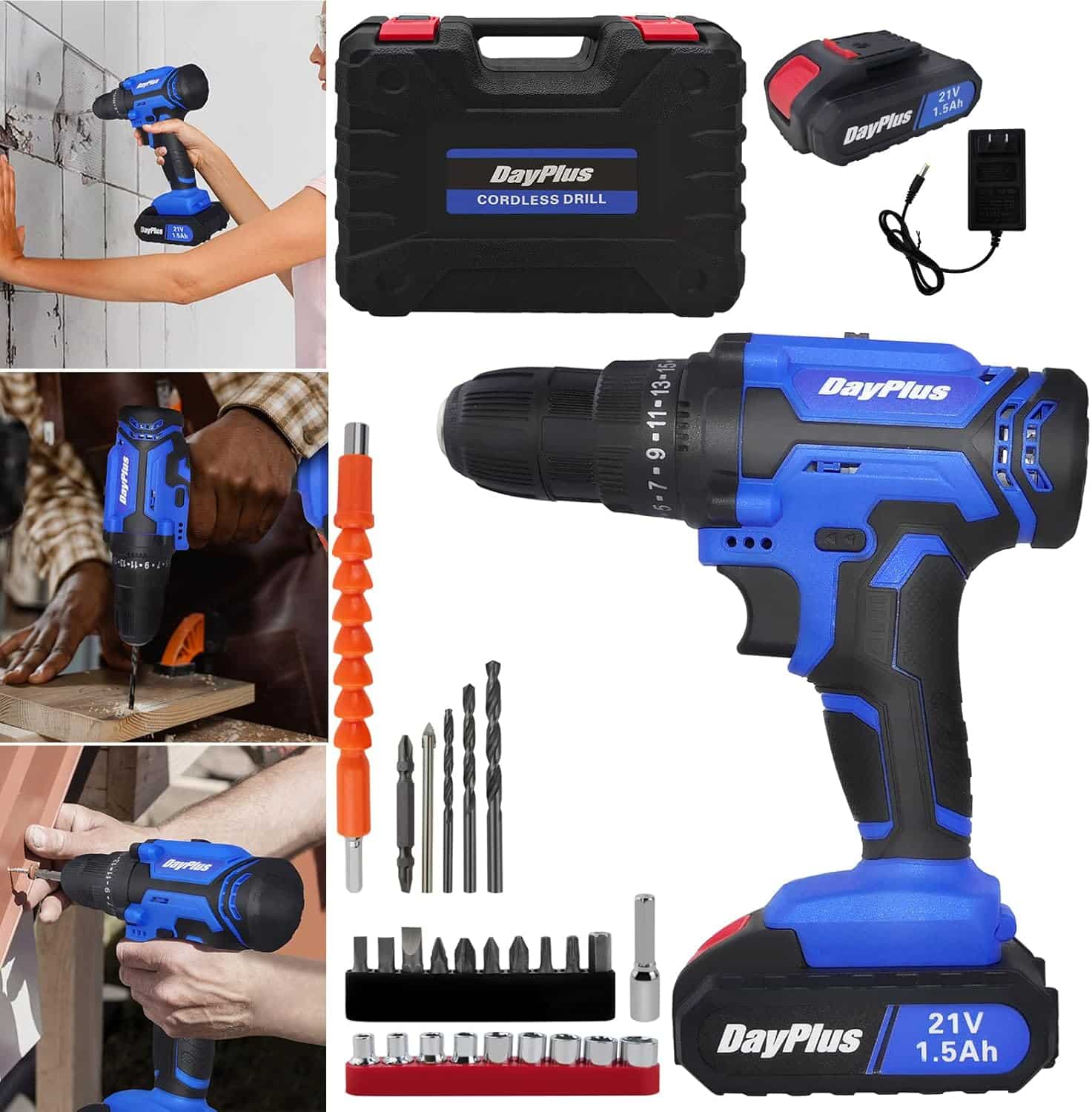 Taladro Atornillador electrico con 1 Batería 21V y 1,5Ah, 42Nm Máx Taladro Bateria, 2 Velocidades, 25+1 Ajuste de Par, Portabrocas de 10mm, LED Luz, Para Hogar e Bricolaje