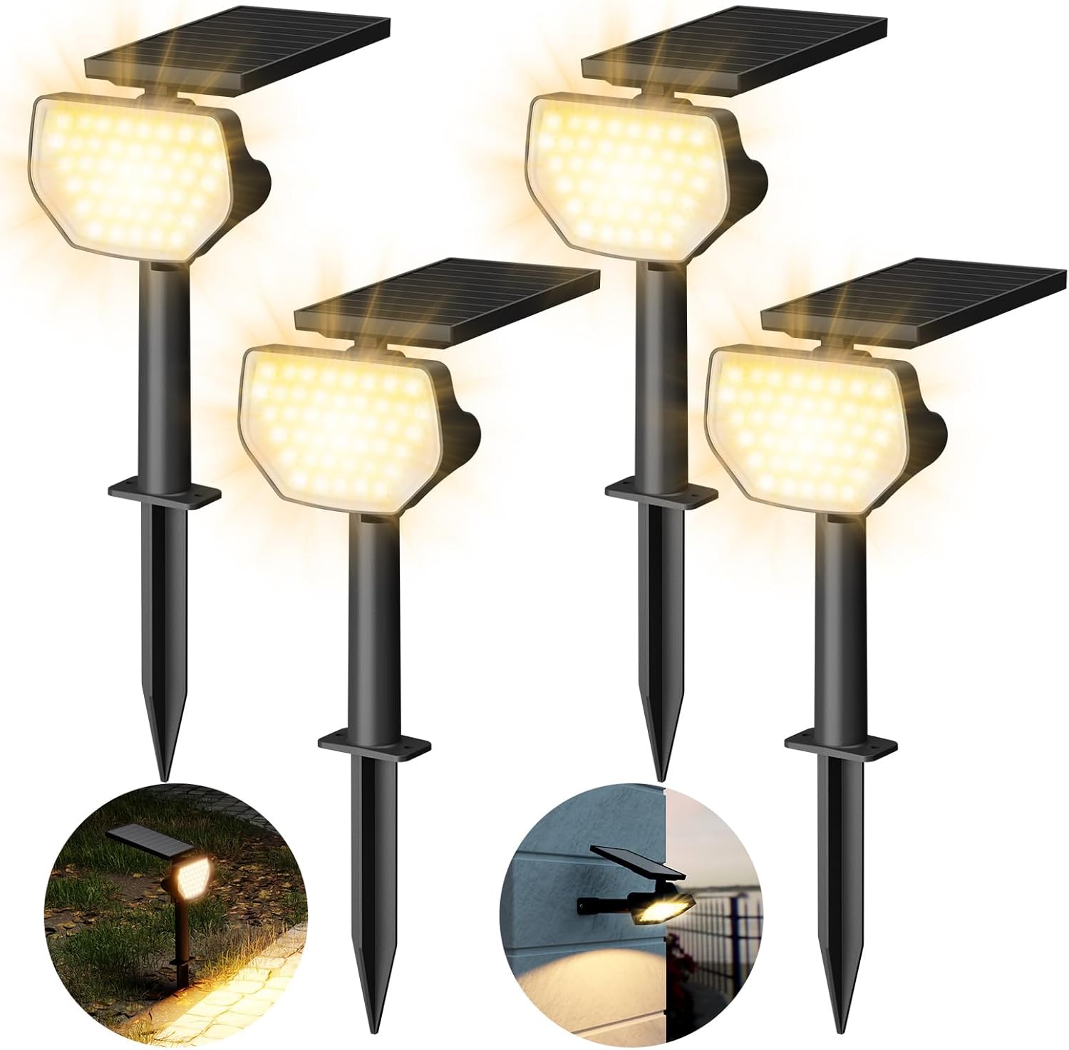 Lepro Lot de 4 Lampe Solaire Exterieur, Spot Solaire Exterieur Puissante, IP65 Etanche Lumiere Solaire Exterieur, Lumière Chaud Projecteur Solaire Réglable 135° Pour Jardin Chemins Garage Terrasse