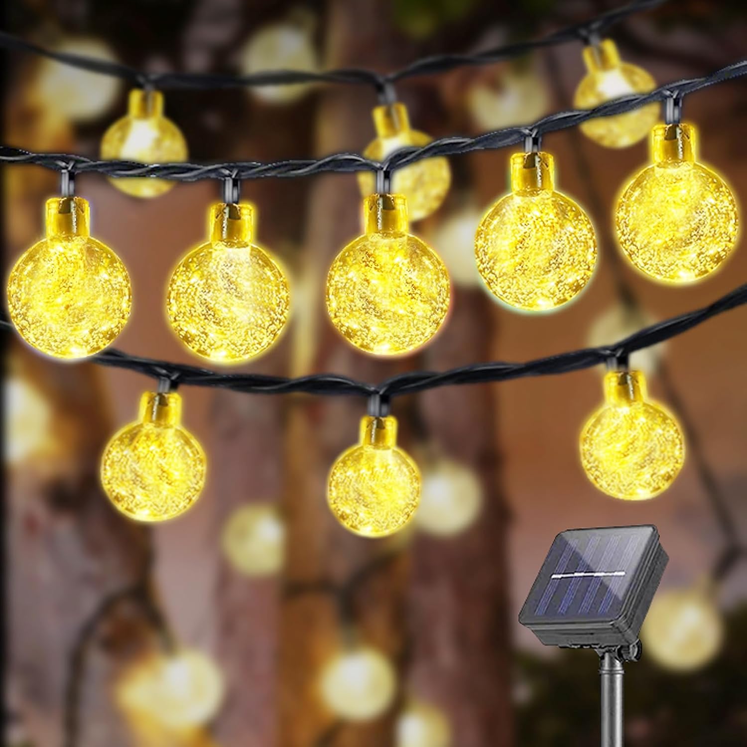 LQWELL Solcellsljusslinga för utomhus, trädgård, solkedjeljus, kristallkulor, 60 LED, 13 m, 43 ft, IP44, 8 lägen, ljuskedja för utomhus/inomhus, trädgård, terrass, balkong, bröllop, fest, fönster