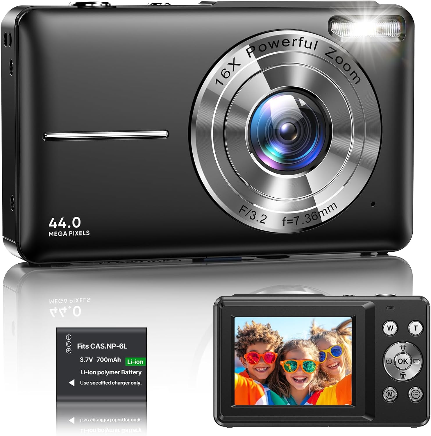 Digitalkamera, 1080P, 44MP, kompakt bärbar kamera, med 2,4 tums LCD-skärm, 16 x digital zoom, 32 G mikrominneskort, 1 batteri för tonåringar och studenter, svart