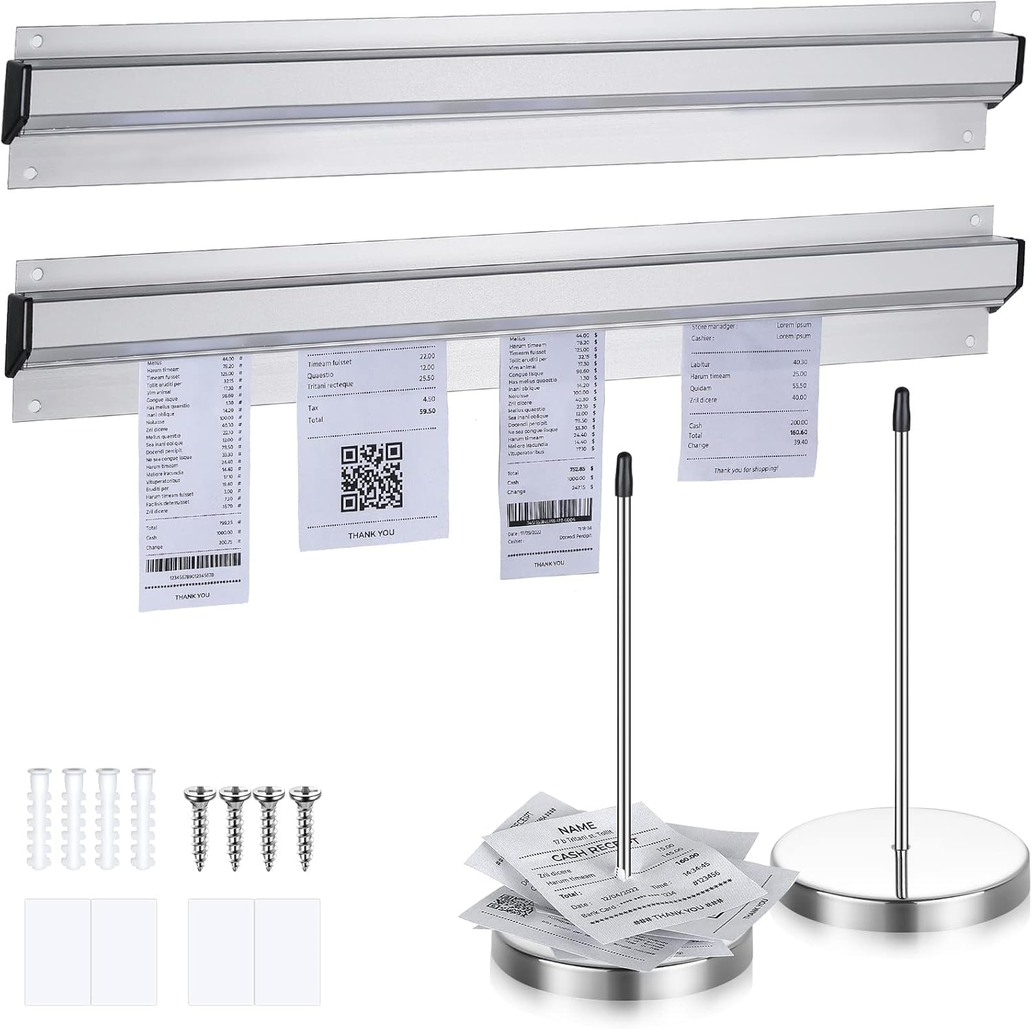 4-delige tickethouder set inclusief 2 sliver aluminium glijbaan check rek en 2 roestvrijstalen bonnenhouder spike-ticket Stabber voor Restaurant Ticket Rail voor Cafes Pubs Bars Keuken Hotel Kantoor