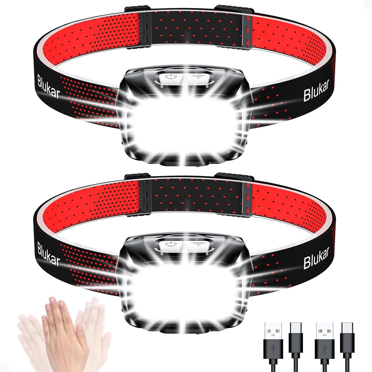 Oplaadbare Hoofdlamp, 2 Stuks Super Helder, Krachtig LED Koplamp, met Rood Controlelampje, 8 Verlichtingsmodi, Bewegingssensor, IPX5 Waterdicht, 30 Uur Looptijd voor Camping