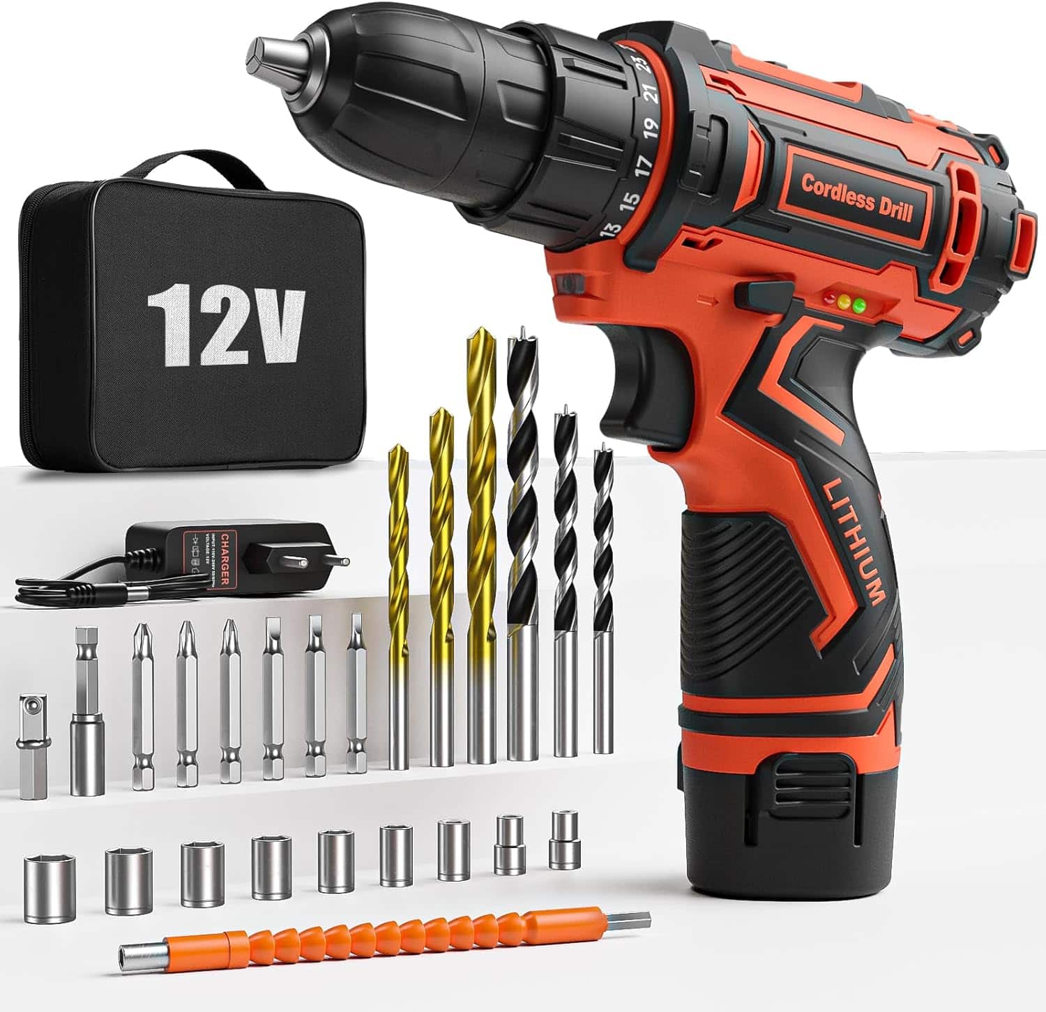 Accuschroevendraaier, 12 V accuboorschroevendraaierset met 2000 mAh accu, 24-delige accessoires en draagtas, accuboor 25 Nm draaimoment, 25 + 1 draaimomentinstelling, 10 mm boorhouder, ledlicht